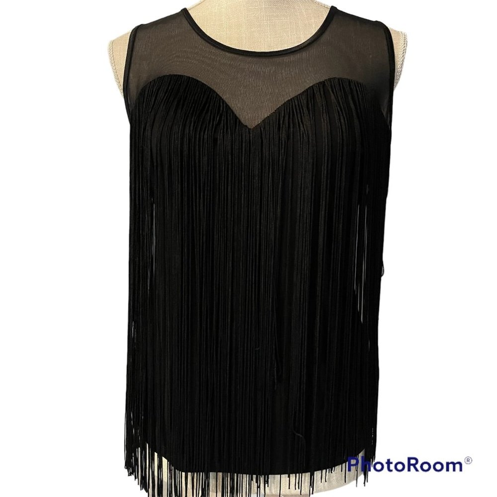 *SOLD*Boston Proper Black Fringe Sexy Western Sleeveless Size Small